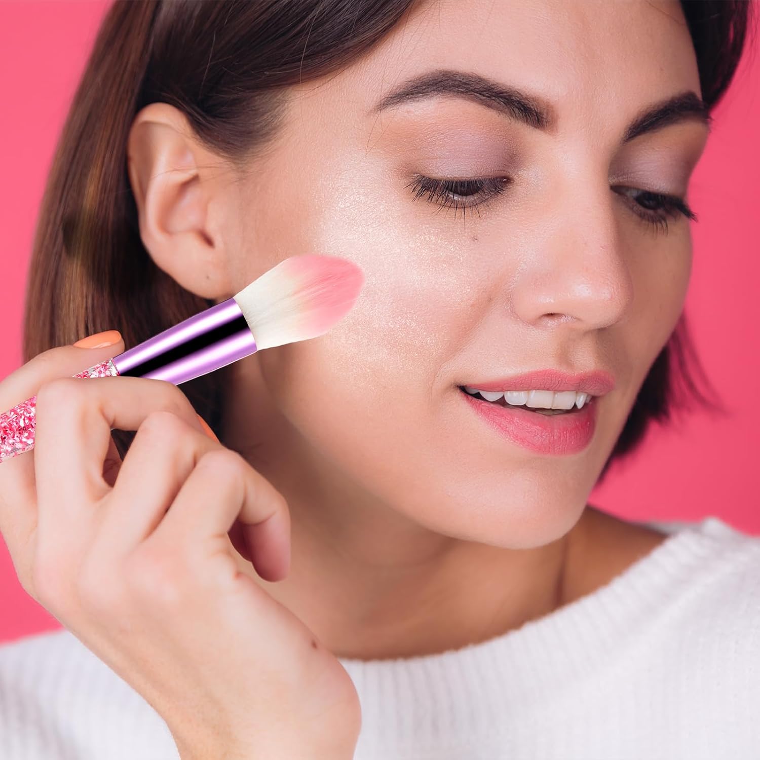 Glitter Crystal Makeup Brush Set, 10Pcs Rose Pink Crystal Sparkle Makeup Brushes Kit, Premium Cosmetic Brush Set for Foundation Powder Liquid Cream Blending Eye Shadow Eyebrow Blush Concealer - Image 6