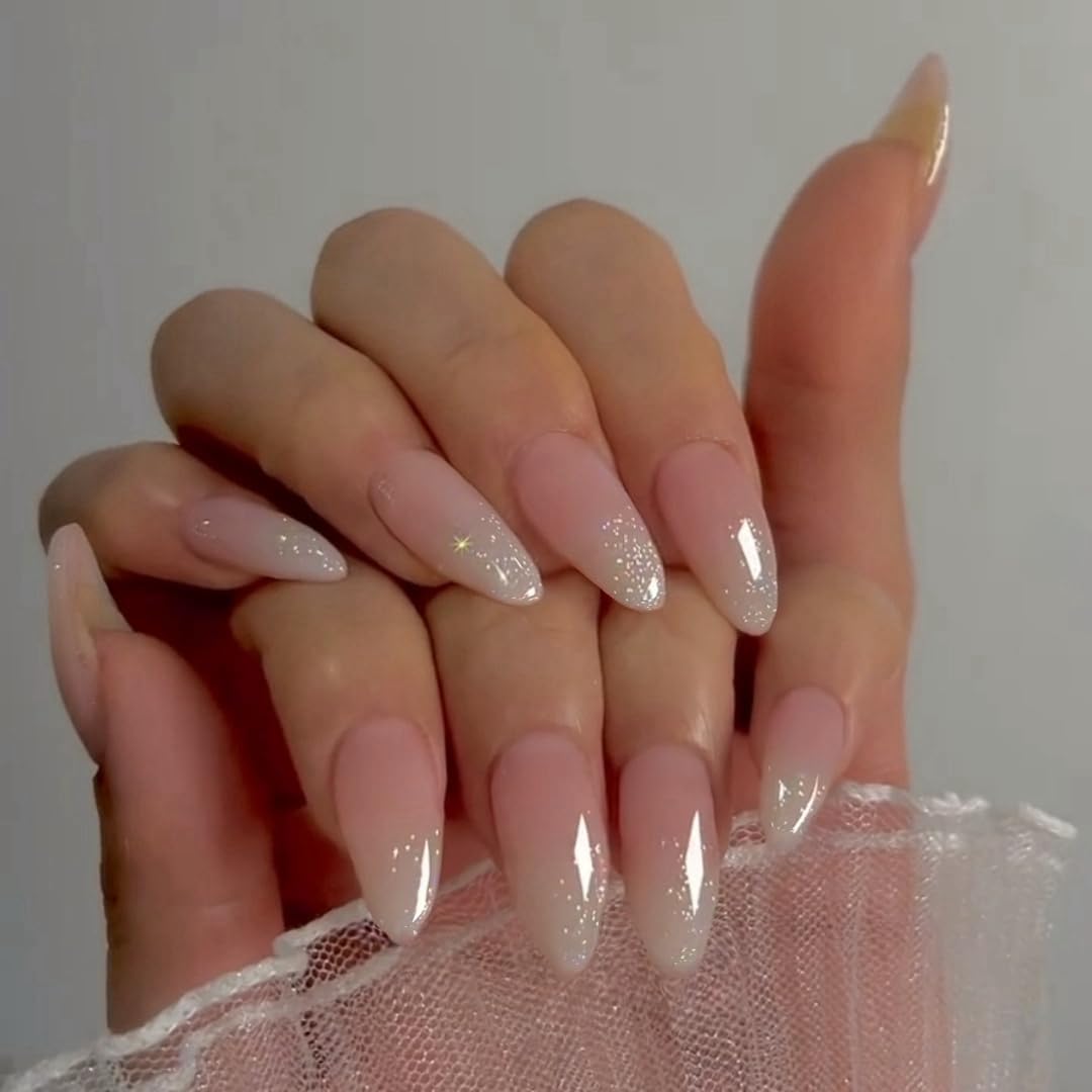Glitter Ombre Pink Press on Nails Almond Shaped Nails Press ons, Medium Fake Nails Almond Acrylic Nails Glue on Nail Medium Length False Nail for Women Thick Natural Gel Stiletto 24Pcs - Image 2