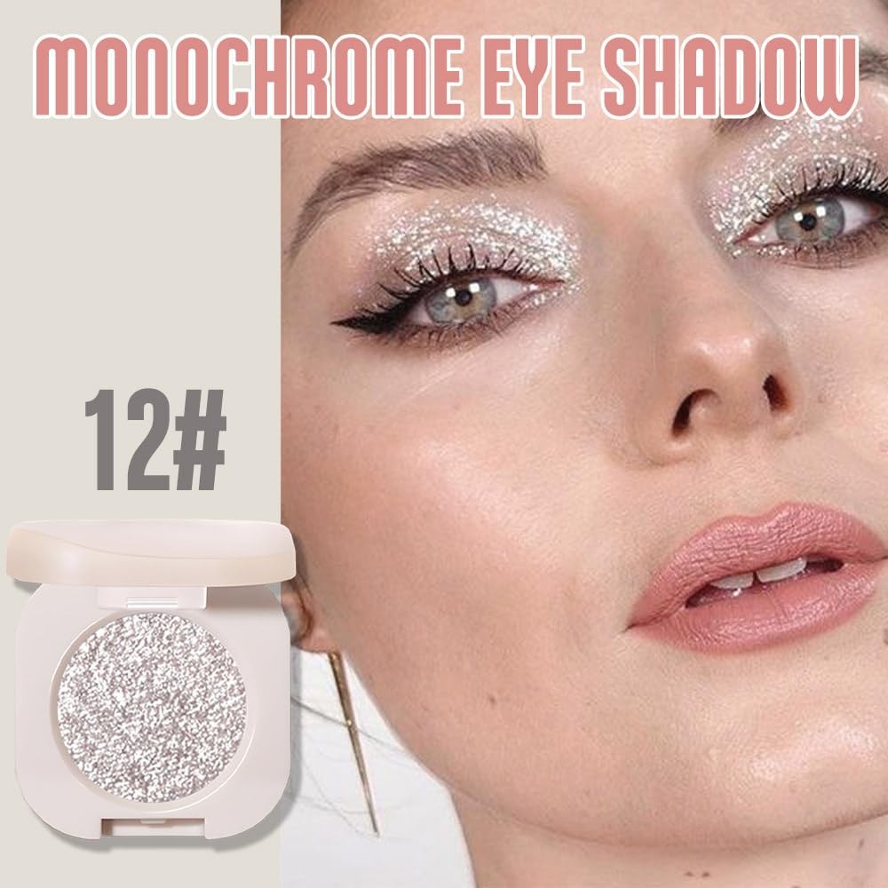 Glitter Shimmer Sparkle Eyeshadow Palette Makeup for Old Women, Silver Glitter Shimmer Metallic Holographic Multichrome Cream Iridescent Single Monochrome Eye Shadow Makeup, 12 - Image 2