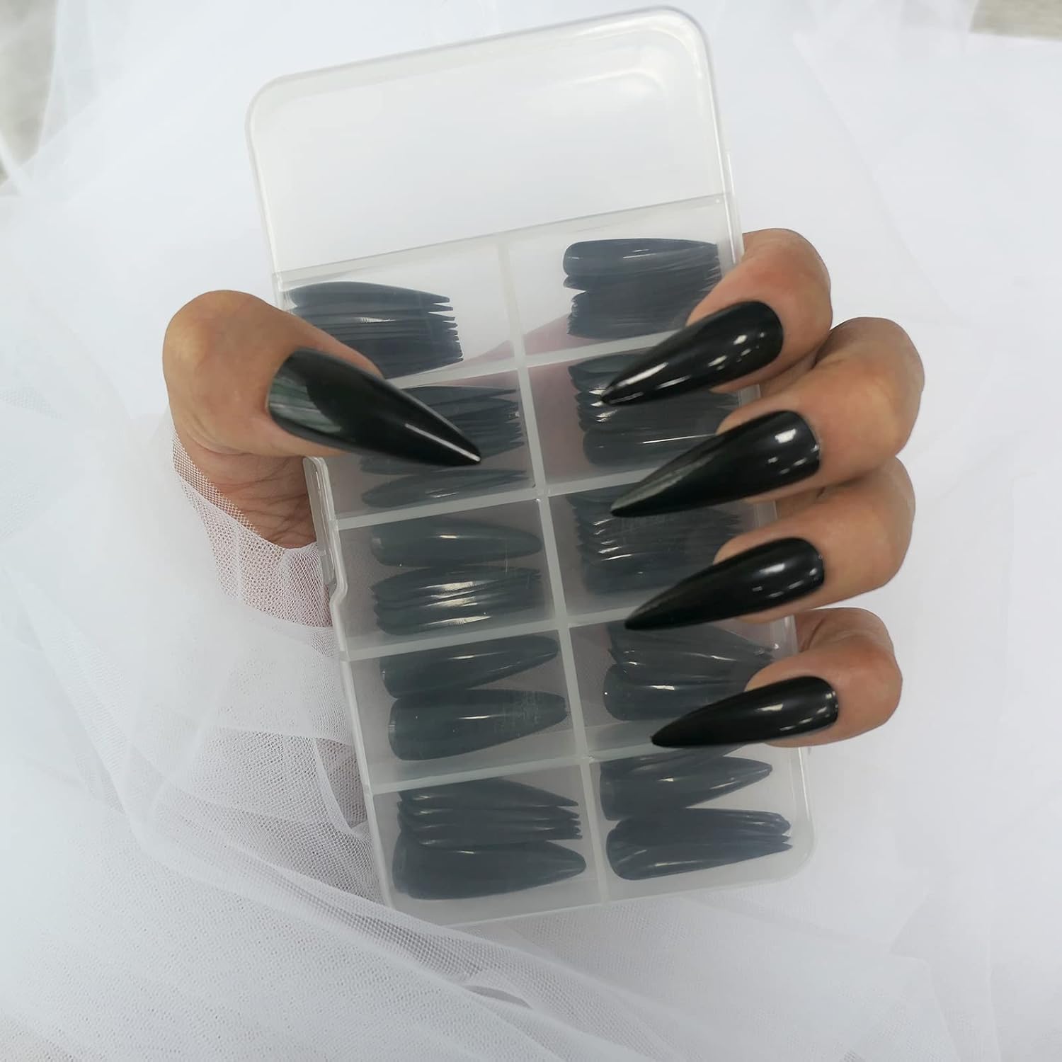 Glossy Fake Nail 100pc Full Cover Acrylic Black Long Stiletto Press on Nails art Tips False Nail for Beginner Women and Girls Manicure(Black) - Image 3