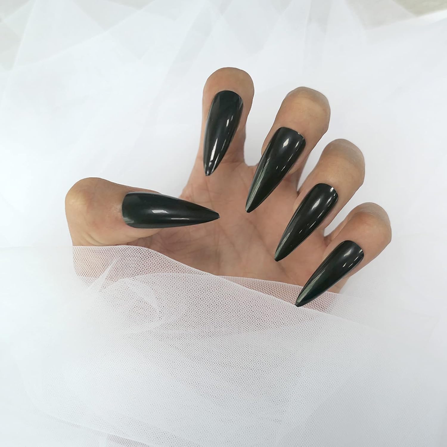Glossy Fake Nail 100pc Full Cover Acrylic Black Long Stiletto Press on Nails art Tips False Nail for Beginner Women and Girls Manicure(Black) - Image 2
