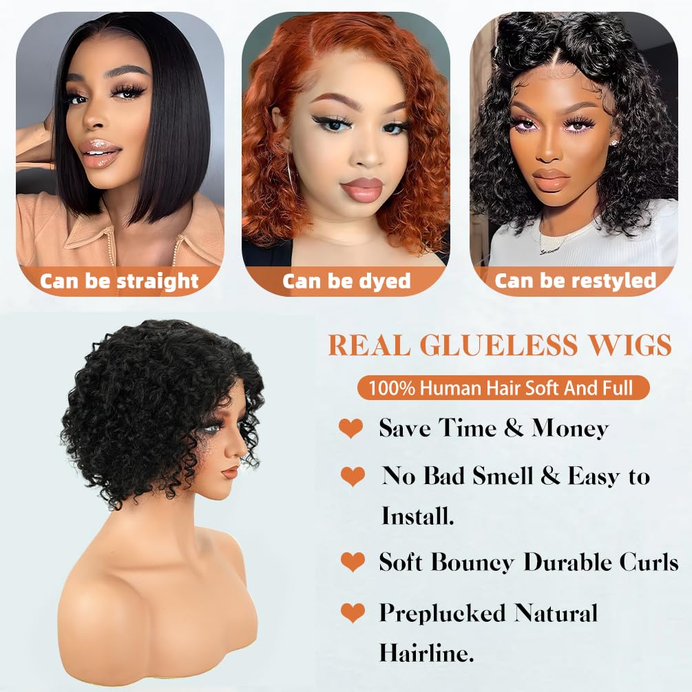 Glueless Wigs Human Hair Pre Plucked Pre Cut, Short Curly Deep Wave Lace Front Wigs Human Hair, 180% Density Wear and Go Glueless Bob Wig Human Hair for Women 8 Inch Natural Black - Image 3