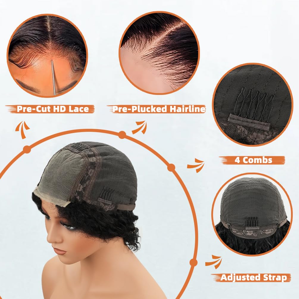 Glueless Wigs Human Hair Pre Plucked Pre Cut, Short Curly Deep Wave Lace Front Wigs Human Hair, 180% Density Wear and Go Glueless Bob Wig Human Hair for Women 8 Inch Natural Black - Image 4