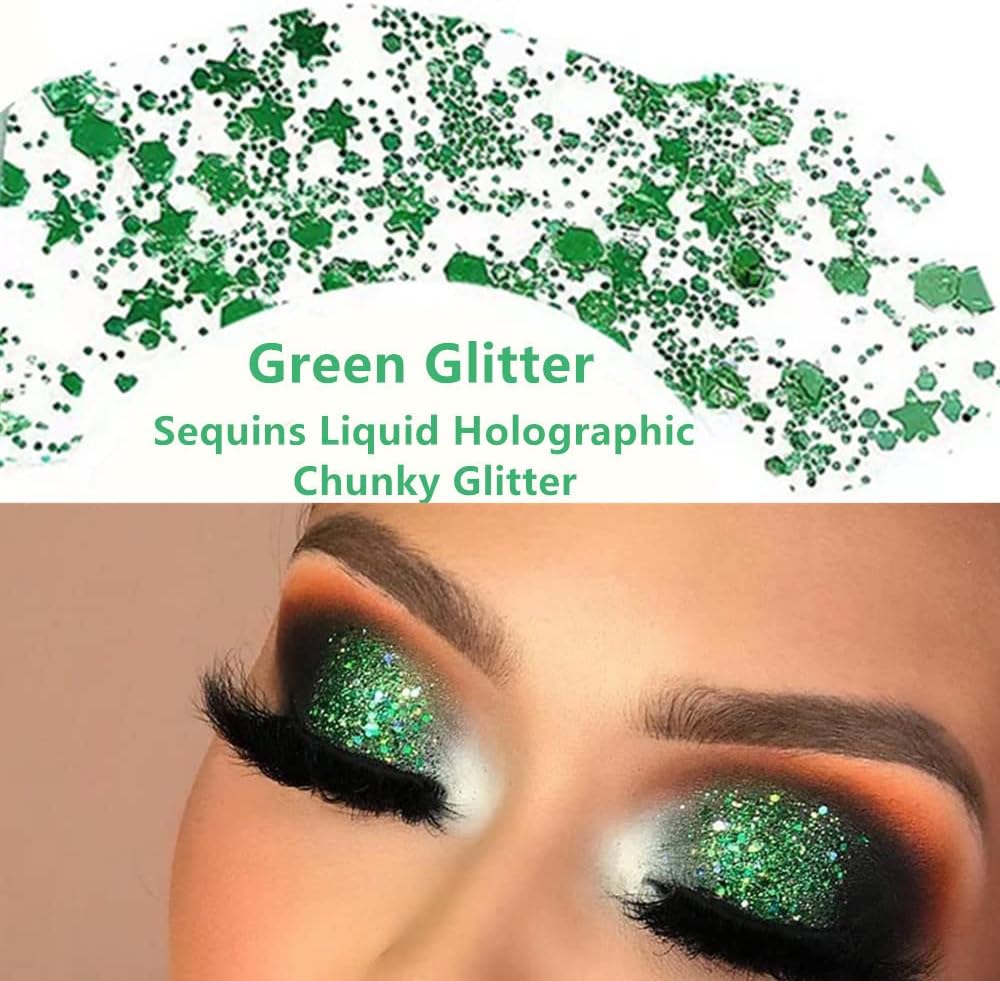 Go Ho Green Face Body Glitter,St Patricks Day Face Glitter Makeup,Green Face Paint Holographic Chunky Sequins Glitters for Eye Lip Hair Nails,Festival Rave Accessories,52g - Image 6