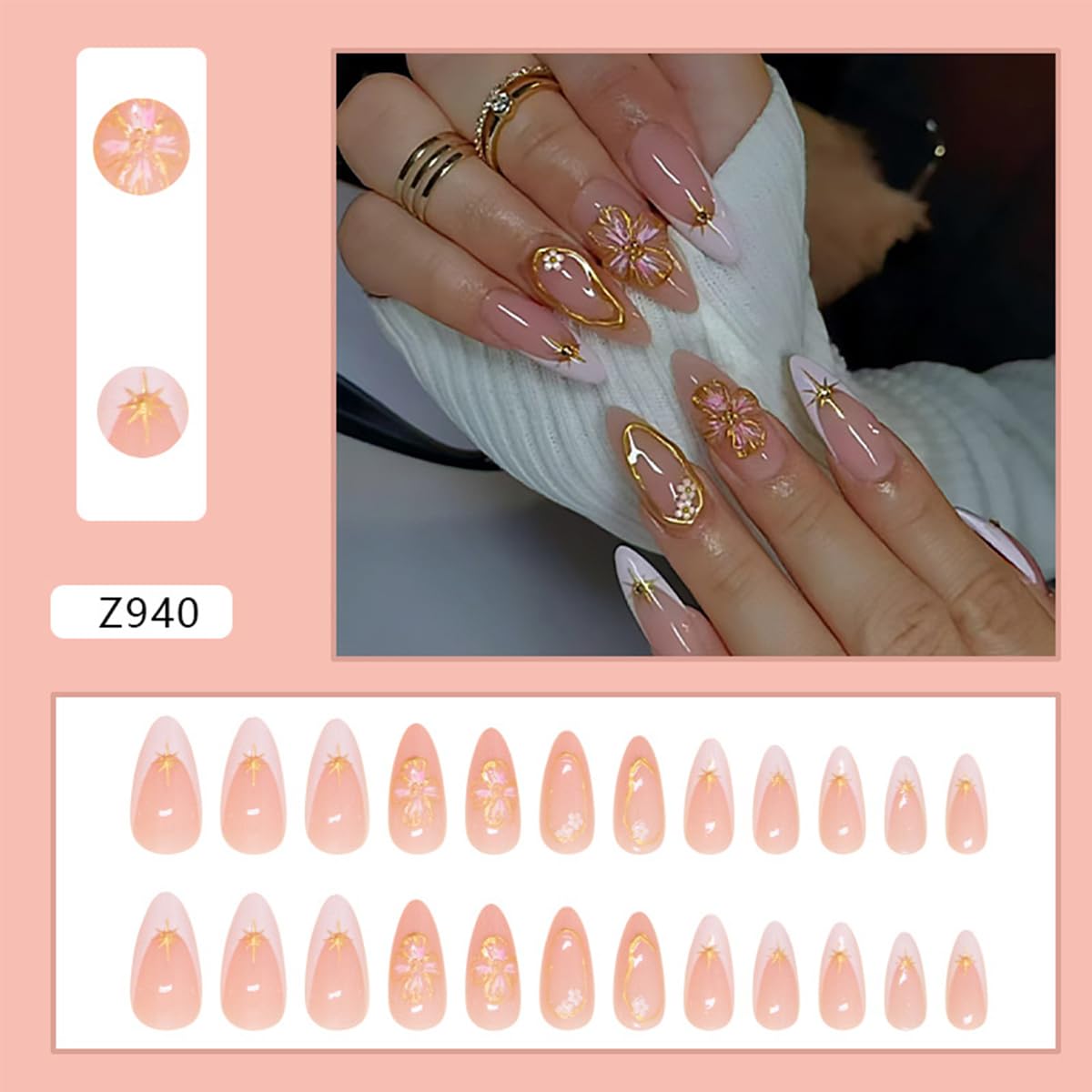 Gold Flower Press on Nails Almond Medium NEWSPIED Fake Nails French Tips Nails Press on Acrylic False Nails with Chrome Gold Line Star Designs Glossy Pink Glue on Nails for Women DIY Manicure 24Pcs - Image 2