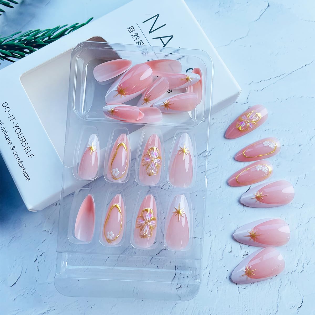 Gold Flower Press on Nails Almond Medium NEWSPIED Fake Nails French Tips Nails Press on Acrylic False Nails with Chrome Gold Line Star Designs Glossy Pink Glue on Nails for Women DIY Manicure 24Pcs - Image 5