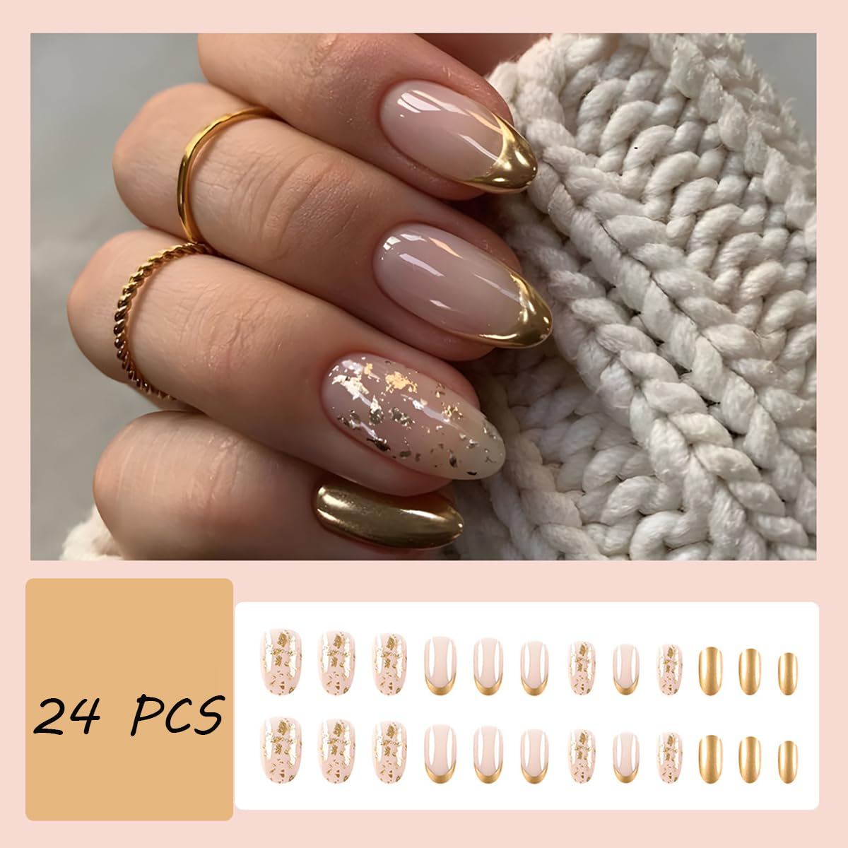 Gold French Tip Press on Nails Medium Fake Nails Almond False Nail Tips Gold Glitter Artificial Nails Design Full Cover Glue on Nails Art Accessories for Women Nail Decoration 24pcs - Image 2