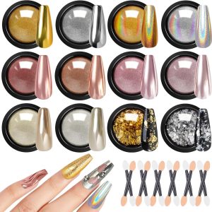 Gold Silver Chrome Nail Powder - 12 Colors Iridescent Holographic Unicorn Powder for Nails - Metallic Mirror Effect Rose Gold Champagne Pigment Glitter Foils Flakes Nail Art