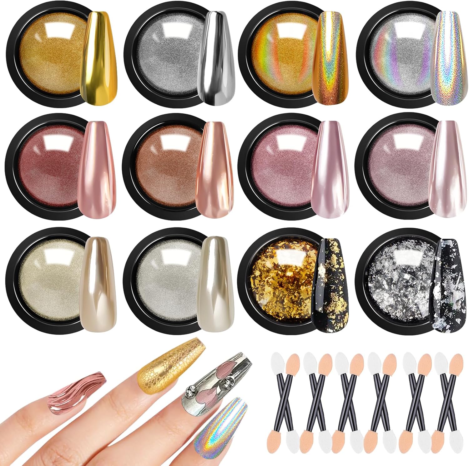 Gold Silver Chrome Nail Powder - 12 Colors Iridescent Holographic Unicorn Powder for Nails - Metallic Mirror Effect Rose Gold Champagne Pigment Glitter Foils Flakes Nail Art