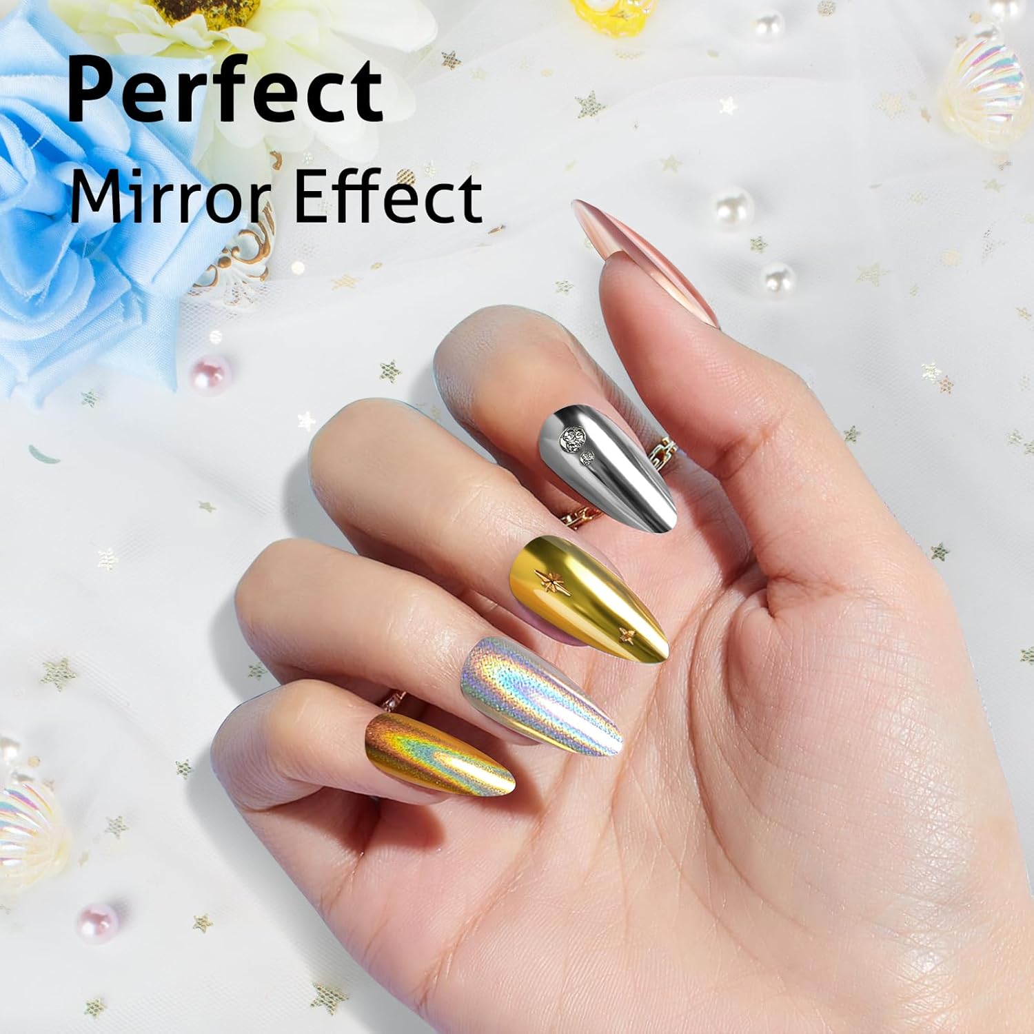 Gold Silver Chrome Nail Powder - 12 Colors Iridescent Holographic Unicorn Powder for Nails - Metallic Mirror Effect Rose Gold Champagne Pigment Glitter Foils Flakes Nail Art - Image 8