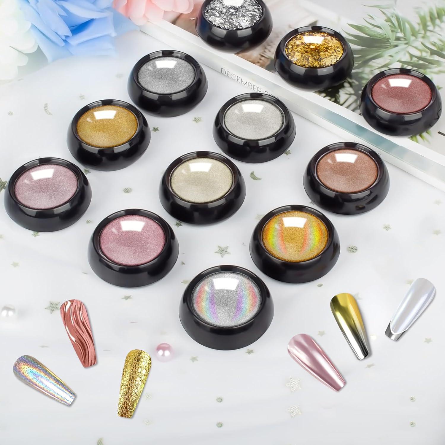 Gold Silver Chrome Nail Powder - 12 Colors Iridescent Holographic Unicorn Powder for Nails - Metallic Mirror Effect Rose Gold Champagne Pigment Glitter Foils Flakes Nail Art - Image 6