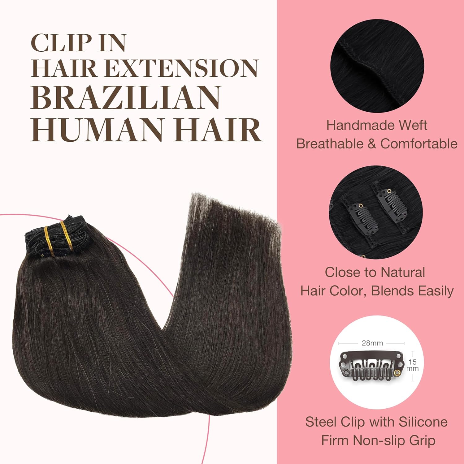 GOO GOO Clip in Hair Extensions Real Human Hair, Remy Human Hair Extensions Clip ins for Women, Natural Human Hair, 14inch 120g 7Pcs, 2 Dark Brown - Image 3