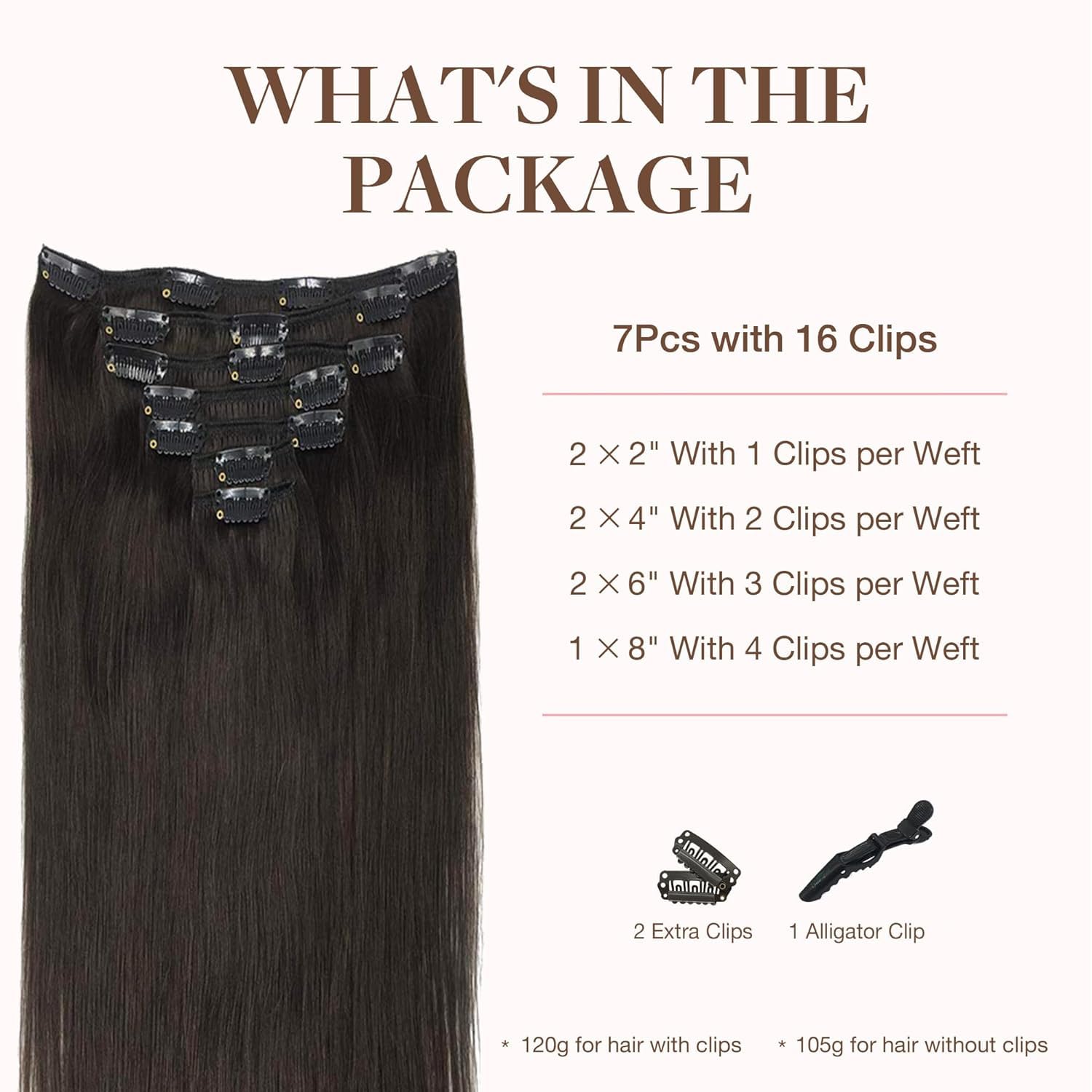 GOO GOO Clip in Hair Extensions Real Human Hair, Remy Human Hair Extensions Clip ins for Women, Natural Human Hair, 14inch 120g 7Pcs, 2 Dark Brown - Image 2