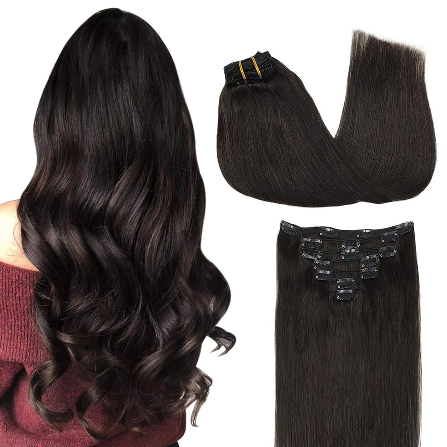 GOO GOO Clip in Hair Extensions Real Human Hair, Remy Human Hair Extensions Clip ins for Women, Natural Human Hair, 14inch 120g 7Pcs, 2 Dark Brown
