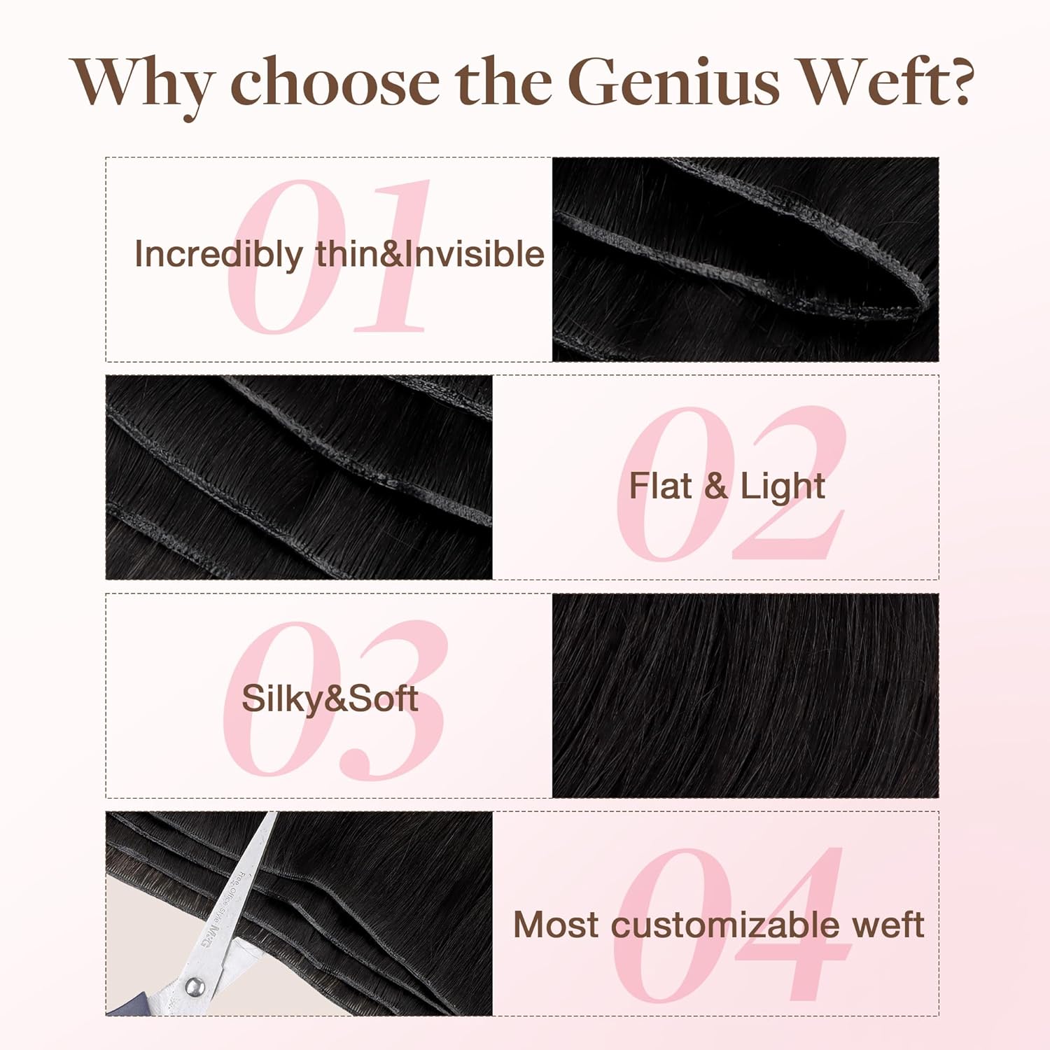 GOO GOO Genius Human Hair Extensions, Sew In Remy Weft, 1B Natural Black 16inch 100g, Hand Tied - Image 6
