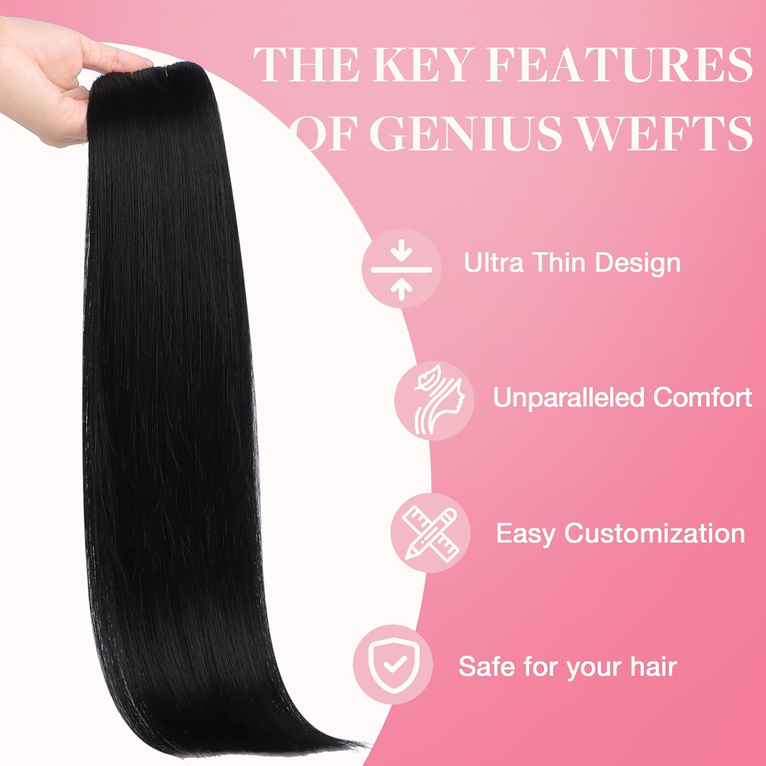 GOO GOO Genius Human Hair Extensions, Sew In Remy Weft, 1B Natural Black 16inch 100g, Hand Tied - Image 5