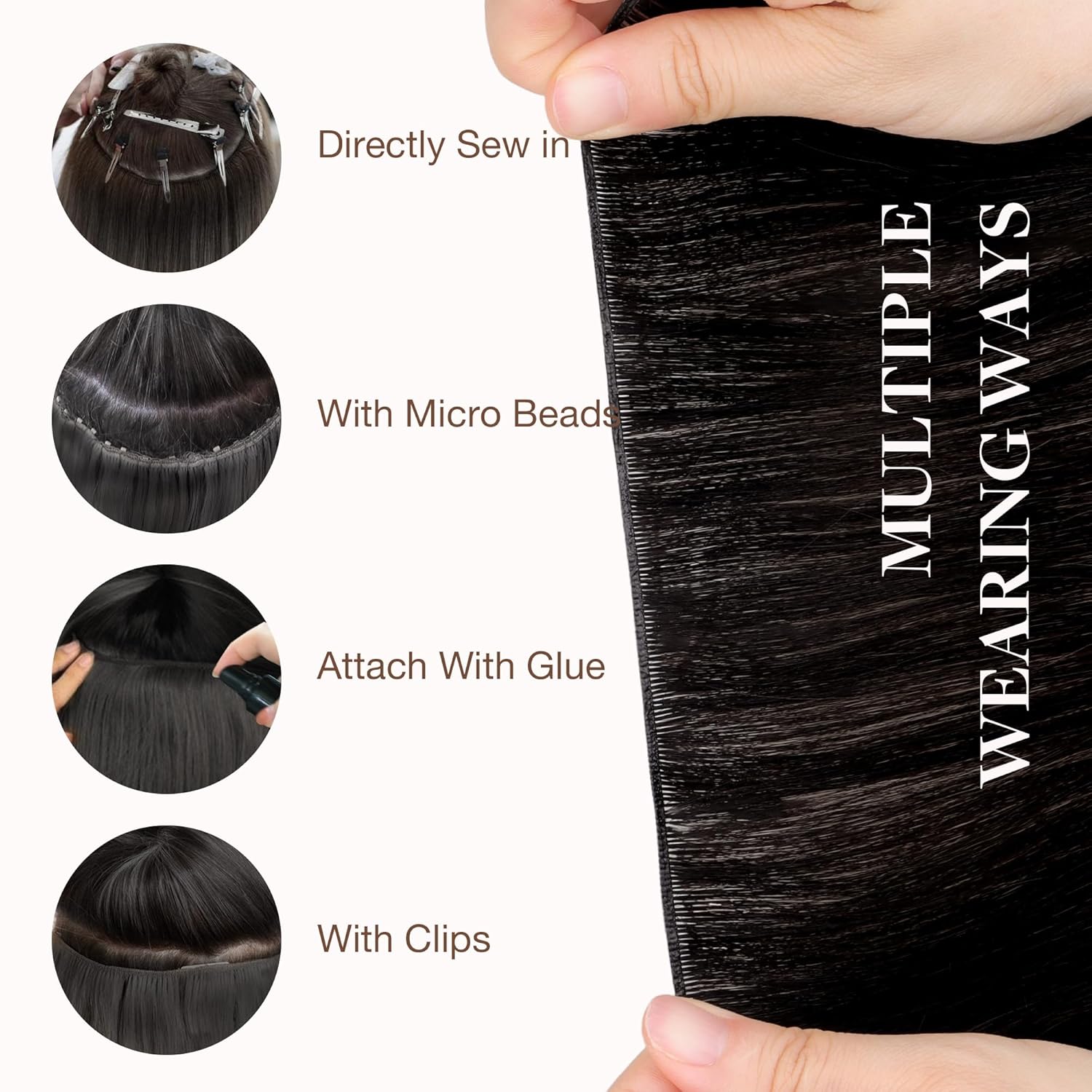 GOO GOO Genius Human Hair Extensions, Sew In Remy Weft, 1B Natural Black 16inch 100g, Hand Tied - Image 4