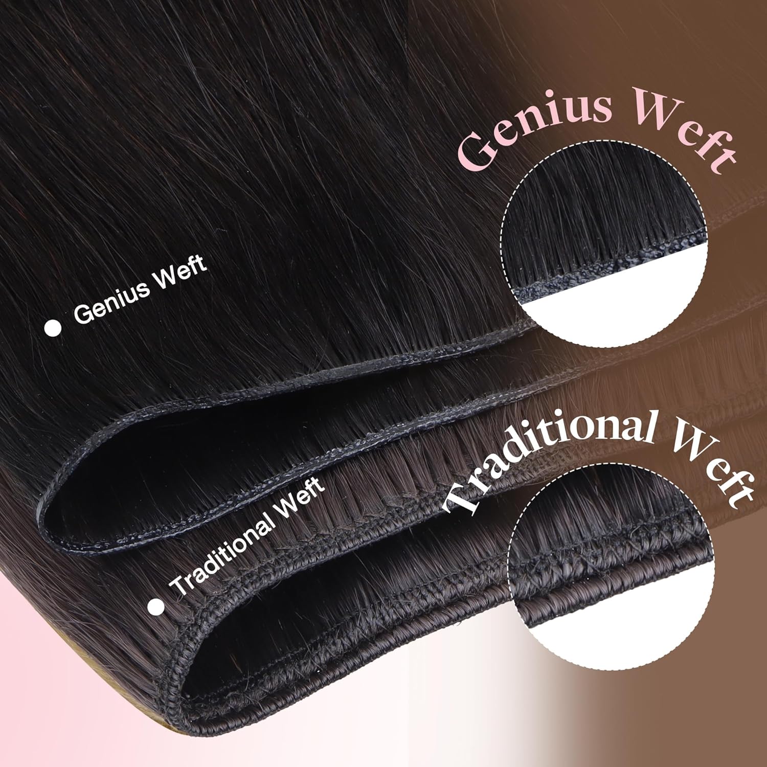 GOO GOO Genius Human Hair Extensions, Sew In Remy Weft, 1B Natural Black 16inch 100g, Hand Tied - Image 3