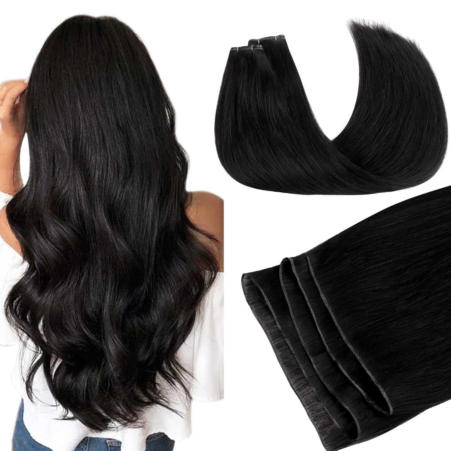 GOO GOO Genius Human Hair Extensions, Sew In Remy Weft, 1B Natural Black 16inch 100g, Hand Tied
