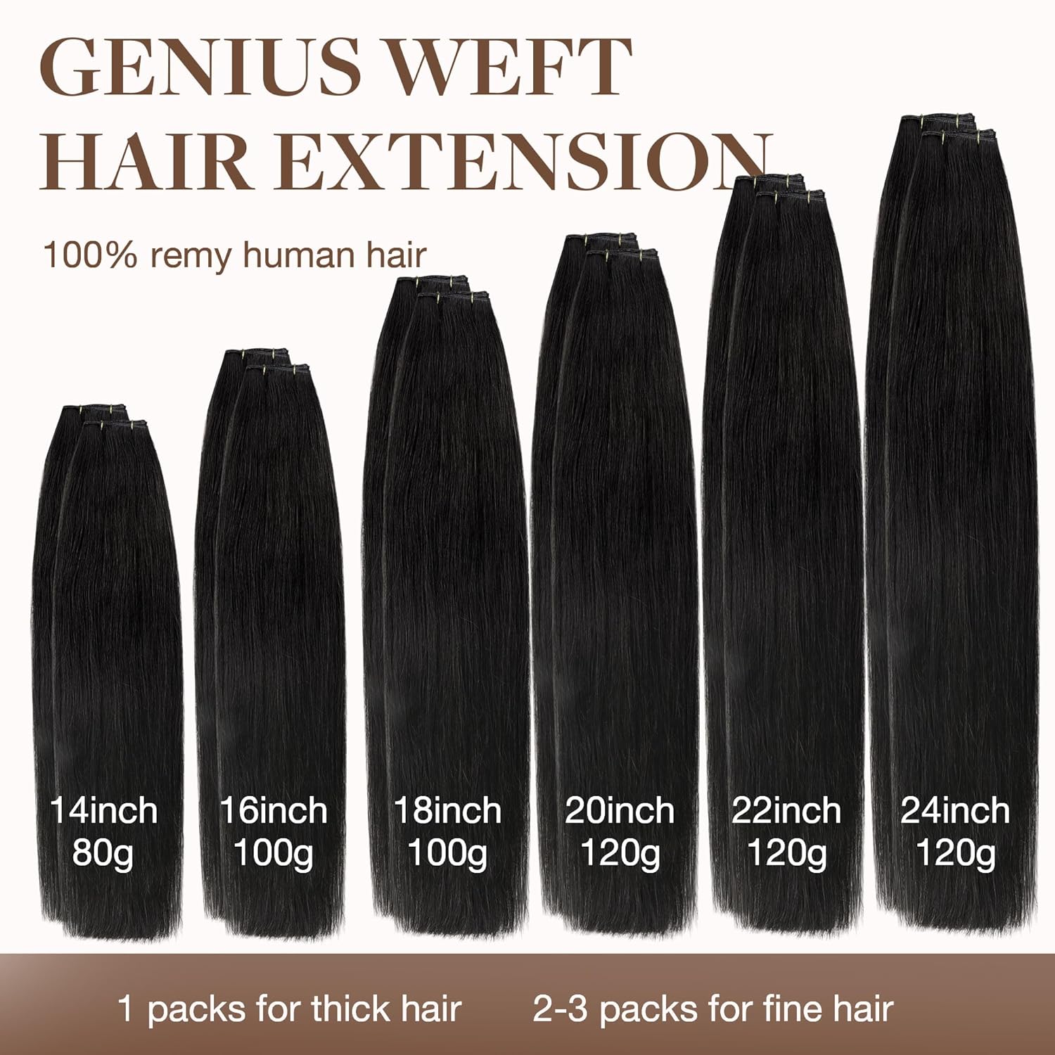 GOO GOO Genius Human Hair Extensions, Sew In Remy Weft, 1B Natural Black 16inch 100g, Hand Tied - Image 9