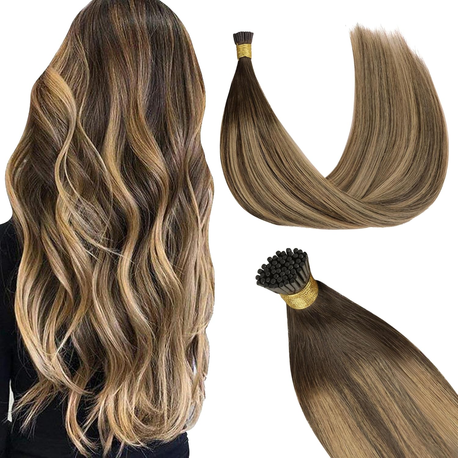 GOO GOO I Tip Hair Extensions, Real Human Hair, 18inch 50g, Cold Fusion, Invisible Remy, 4/27/4 Balayage Chocolate Brown to Caramel Blonde