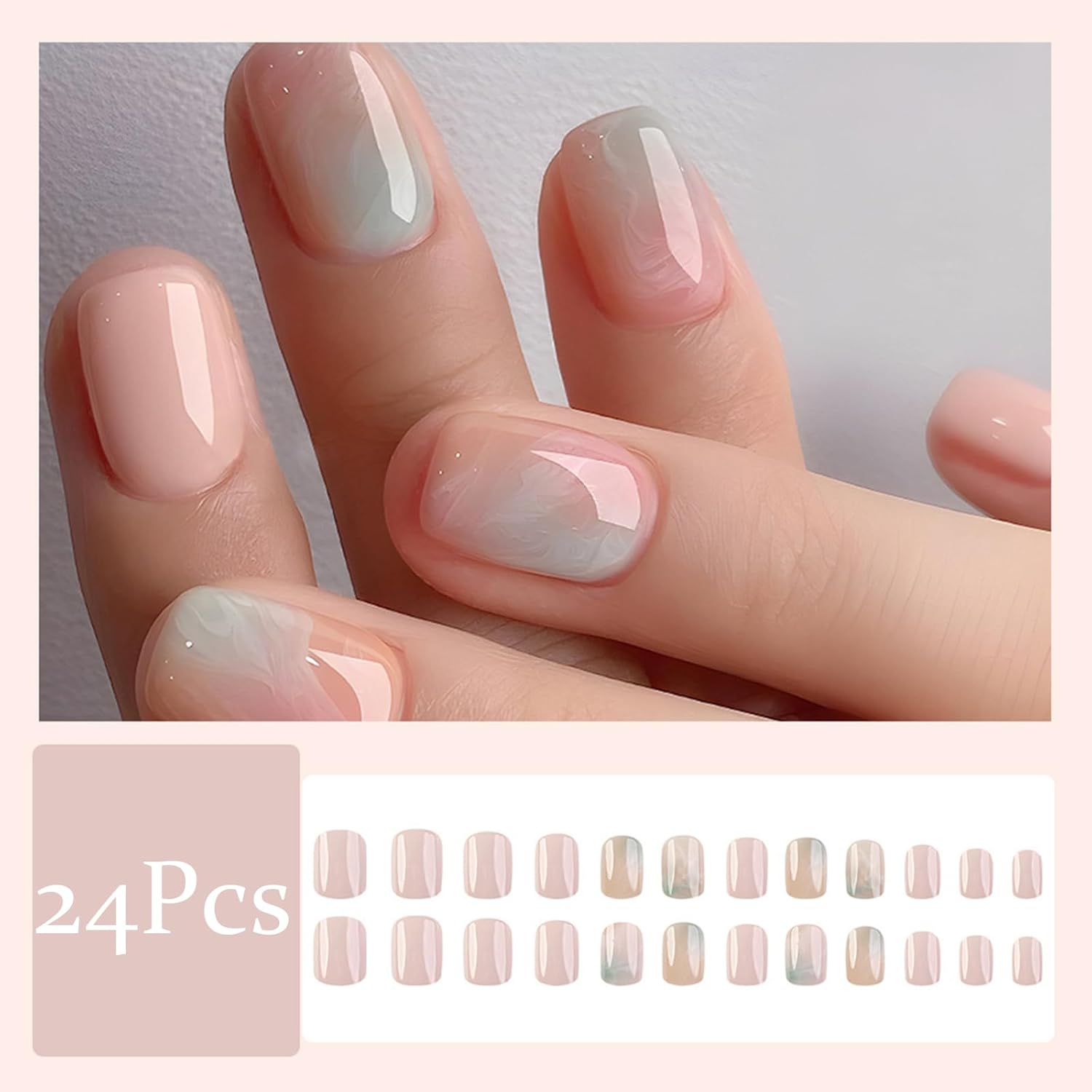 Gradient Blue Press on Nails Medium Square Fake Nude Pink Marble Design Acrylic False Nail Wavy Glue on Full Cover Glossy Nude Stick on for Woman Girls Manicure 24Pcs - Image 5