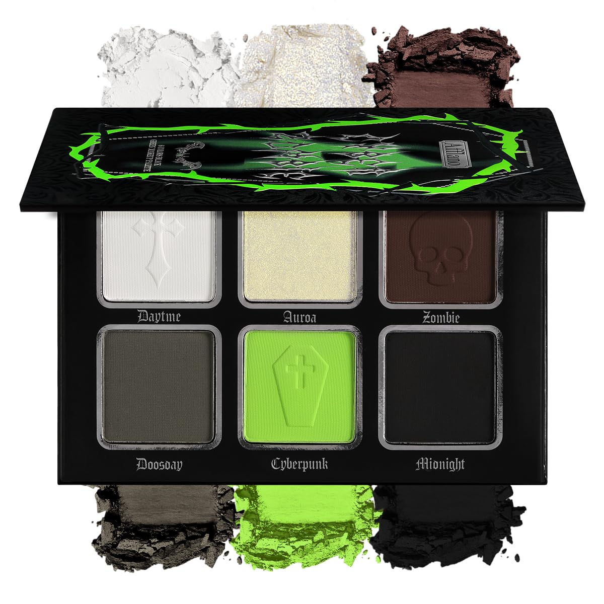 Green Brown Eyeshadow Palette, Highly Pigmented Bright Lime Green Black White Grey Goth Makeup Palette, Blendable Matte Shimmer Smoky Grunge Eyeshadow Pallet for Halloween Zombie Witch Monster, Vegan