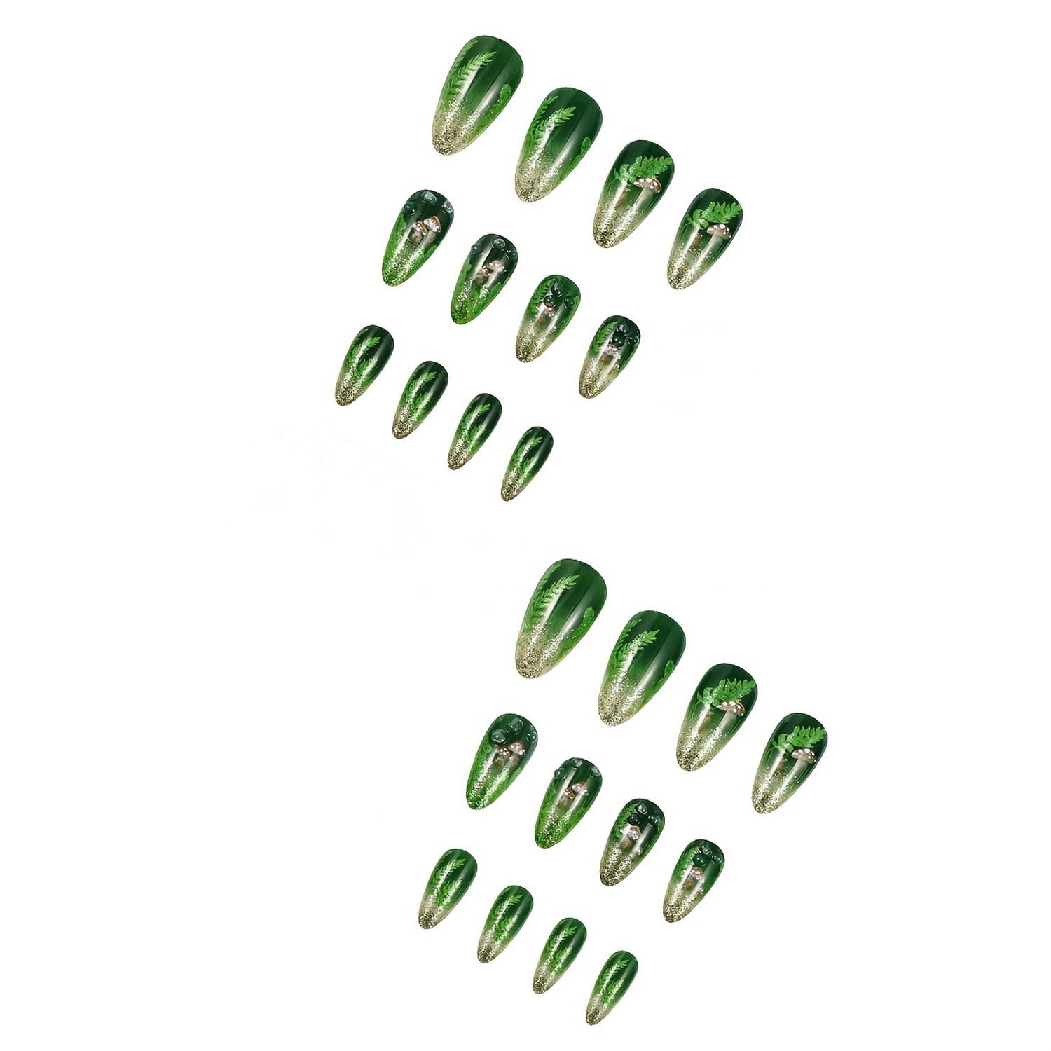 Green Glitter Press on Nails Medium Almond Shaped False Nails with Mushroom and Leaf Designs Gradient Fake Nails Full Cover Spring Acrylic Nails Stick on Nails for Women Nail Art Manicure 24 Pcs - Image 6
