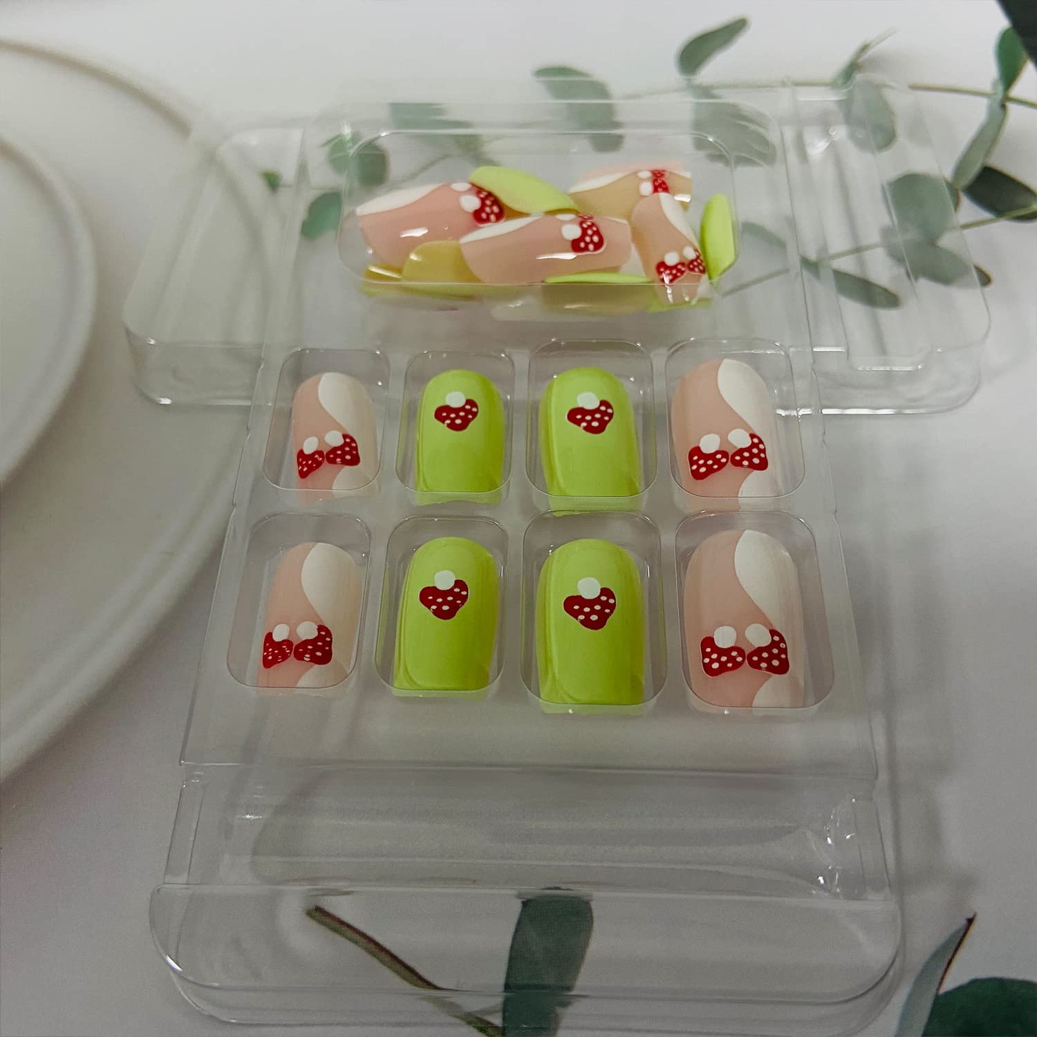 Medium Green Coffin Nails White Swirl Mushroom Design 24 Pc Set - Image 5
