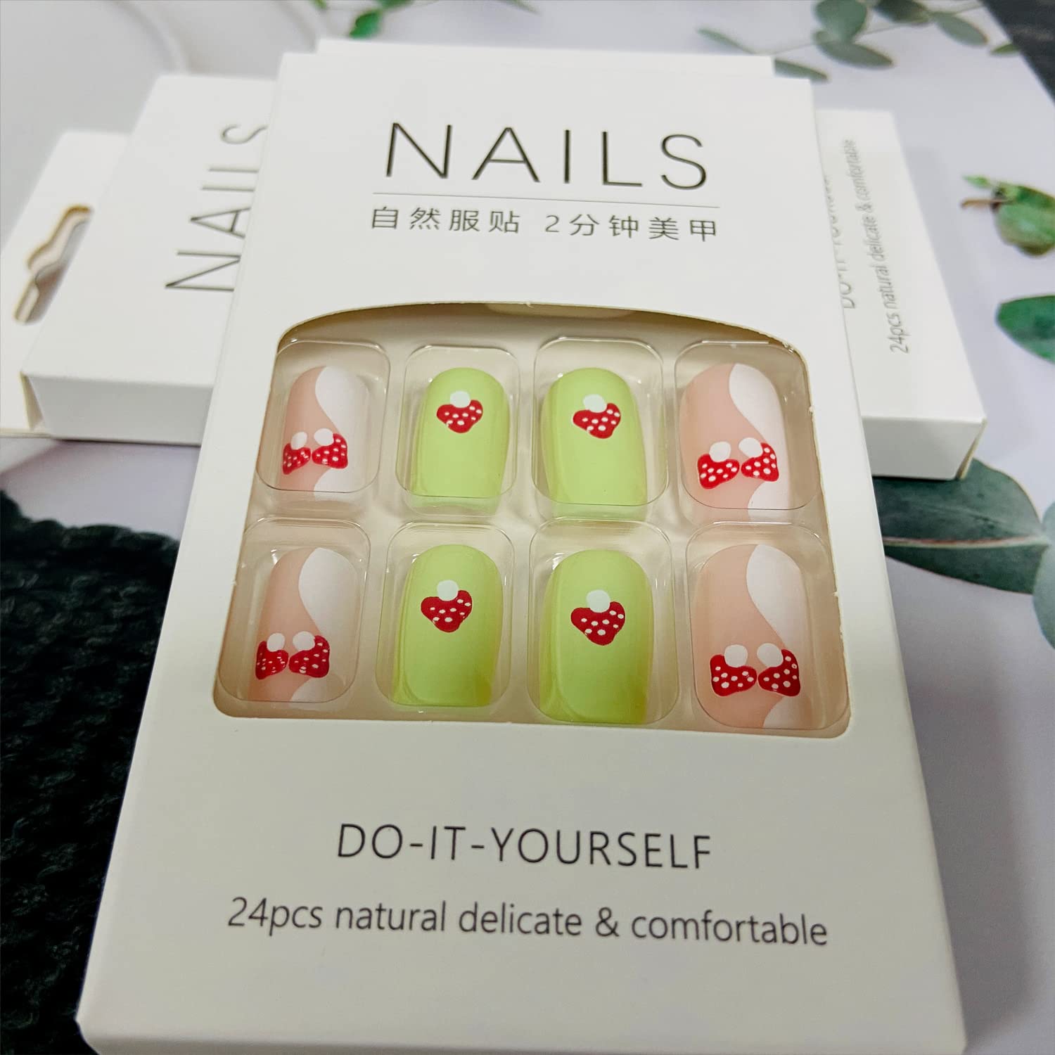 Medium Green Coffin Nails White Swirl Mushroom Design 24 Pc Set - Image 4