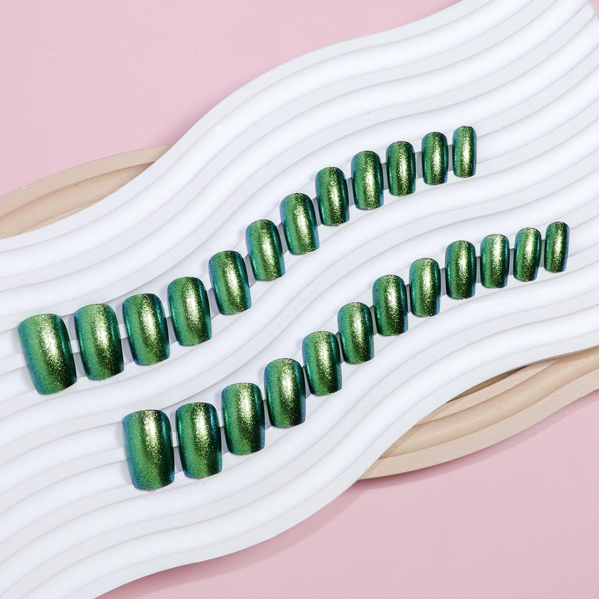 Green Press on Nails Medium Square Fake Nails Dark Green Glitter Acrylic Nails Full Cover Glue on Nails Solid Color Reusable Artificial False Nails Stick on Nails for Women Girls Manicure 24Pcs - Image 2