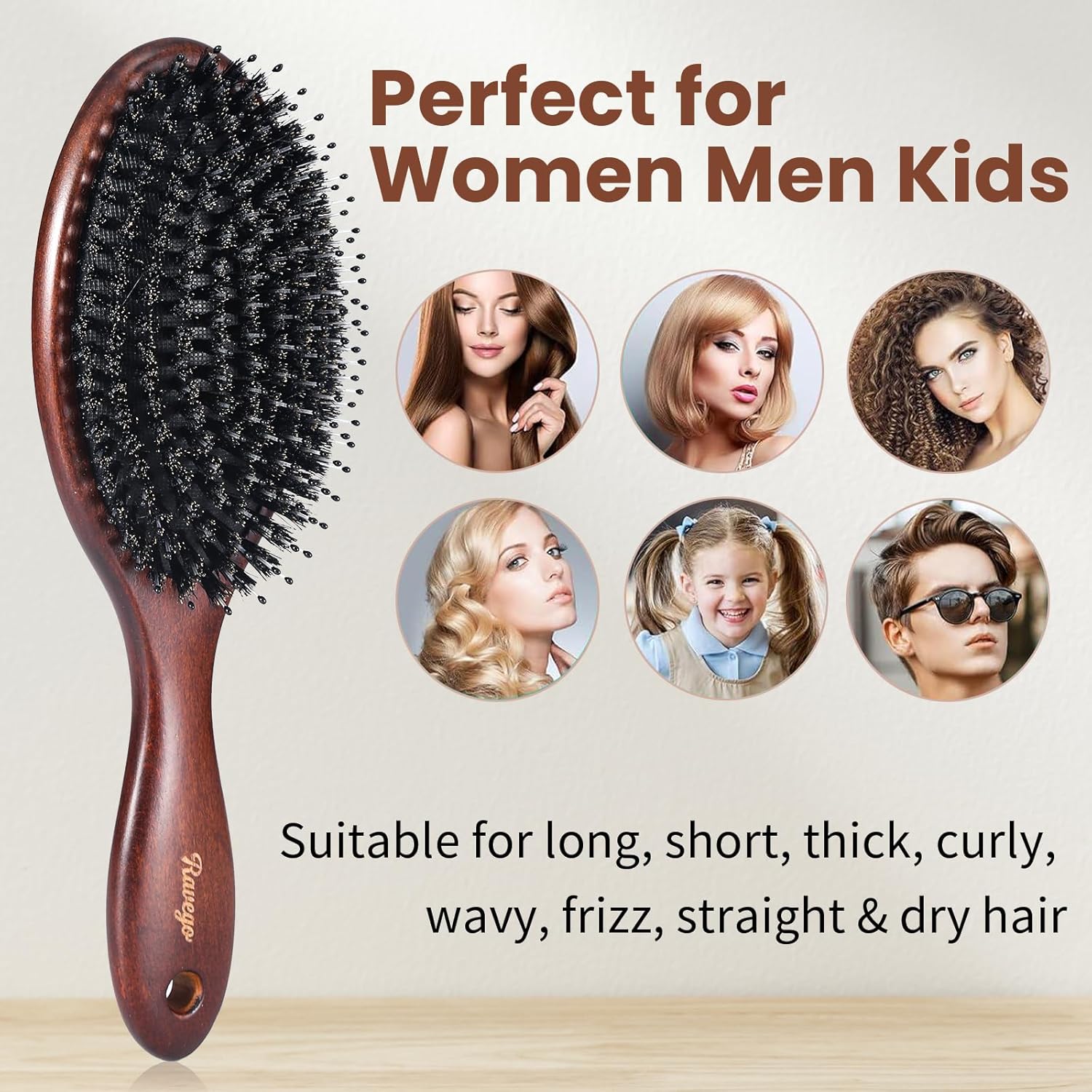 Hair Brush, Boar Bristles Hair Brush for Women Men Kids, Boar & Nylon Bristle Brushes for Smoothing Massaging Scalp Detangling Wet/Dry Hair, Reduce Frizz Dry Restore Natural Shine - Image 3