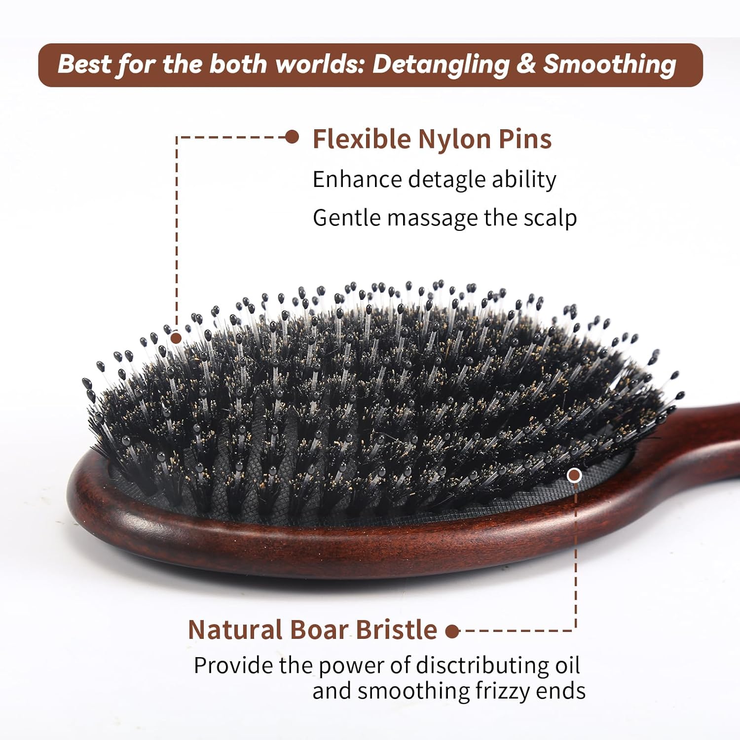 Hair Brush, Boar Bristles Hair Brush for Women Men Kids, Boar & Nylon Bristle Brushes for Smoothing Massaging Scalp Detangling Wet/Dry Hair, Reduce Frizz Dry Restore Natural Shine - Image 2