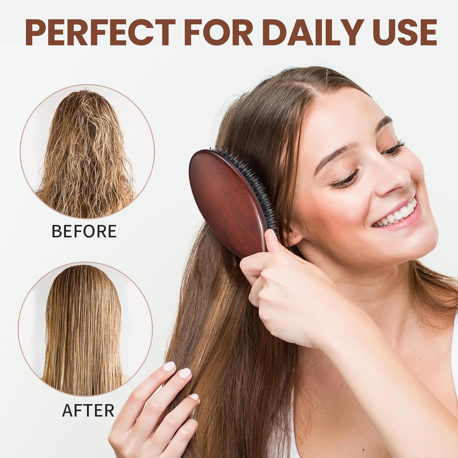 Hair Brush, Boar Bristles Hair Brush for Women Men Kids, Boar & Nylon Bristle Brushes for Smoothing Massaging Scalp Detangling Wet/Dry Hair, Reduce Frizz Dry Restore Natural Shine - Image 4