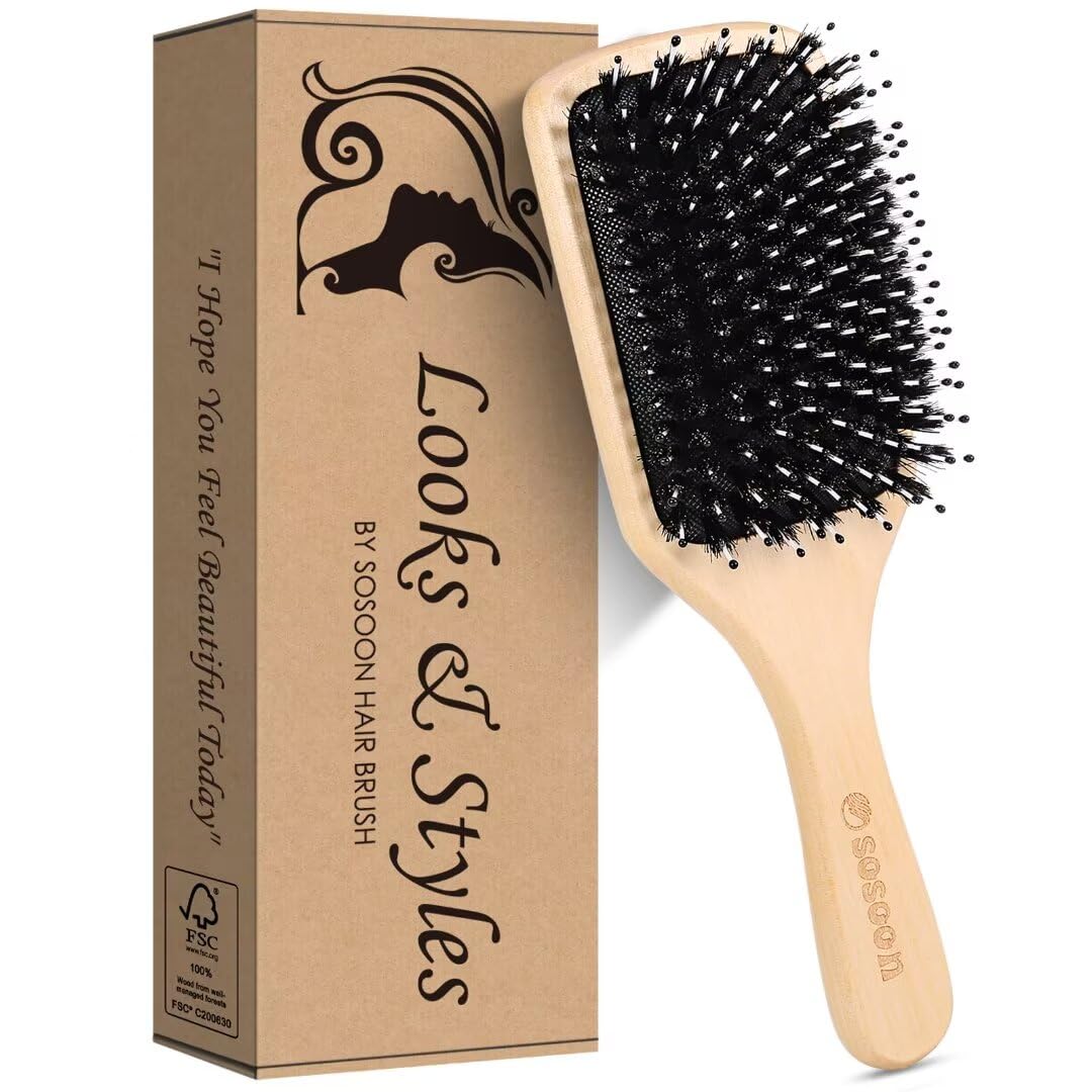 Hair Brush, Sosoon Boar Bristle Paddle Hairbrush for Long Short Thick Thin Curly Straight Wavy Dry Hair for Men Women Kids, No More Tangle, Giftbox & Tail Comb Included - Image 8