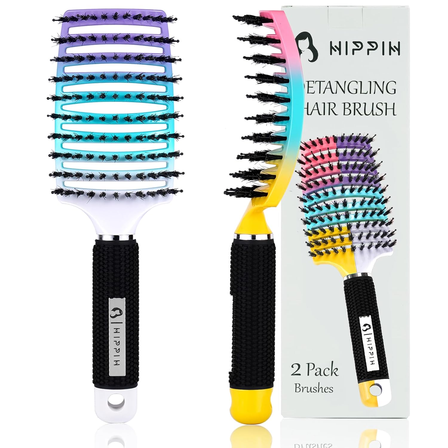 Hair Brushes for Women, HIPPIH Boar Bristle Hair Brush, Detangler Brush for Curly Hair, Vented Hairbrush Mens, 2Pack Detangling Brush for Black Natural Hair Blow Drying