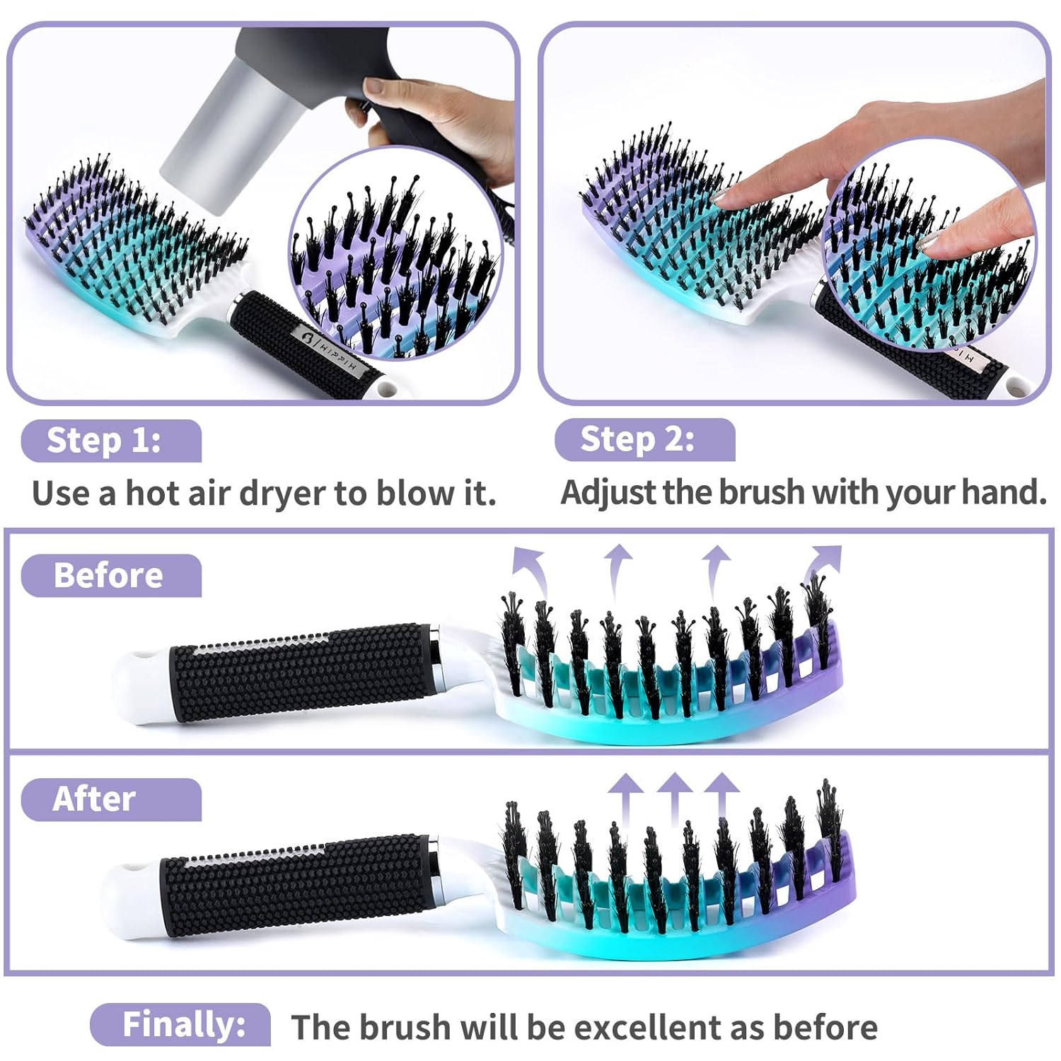 Hair Brushes for Women, HIPPIH Boar Bristle Hair Brush, Detangler Brush for Curly Hair, Vented Hairbrush Mens, 2Pack Detangling Brush for Black Natural Hair Blow Drying - Image 6