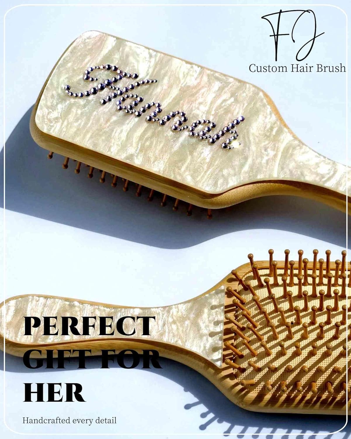 Hair Brushes for Women,Personalized Hair Brush with Colorful Name,Customized Natural Wooden Bamboo Brush,Handmade Rhinestones Hairbrush for Massaging Scalp(Pearl White-Square) - Image 3