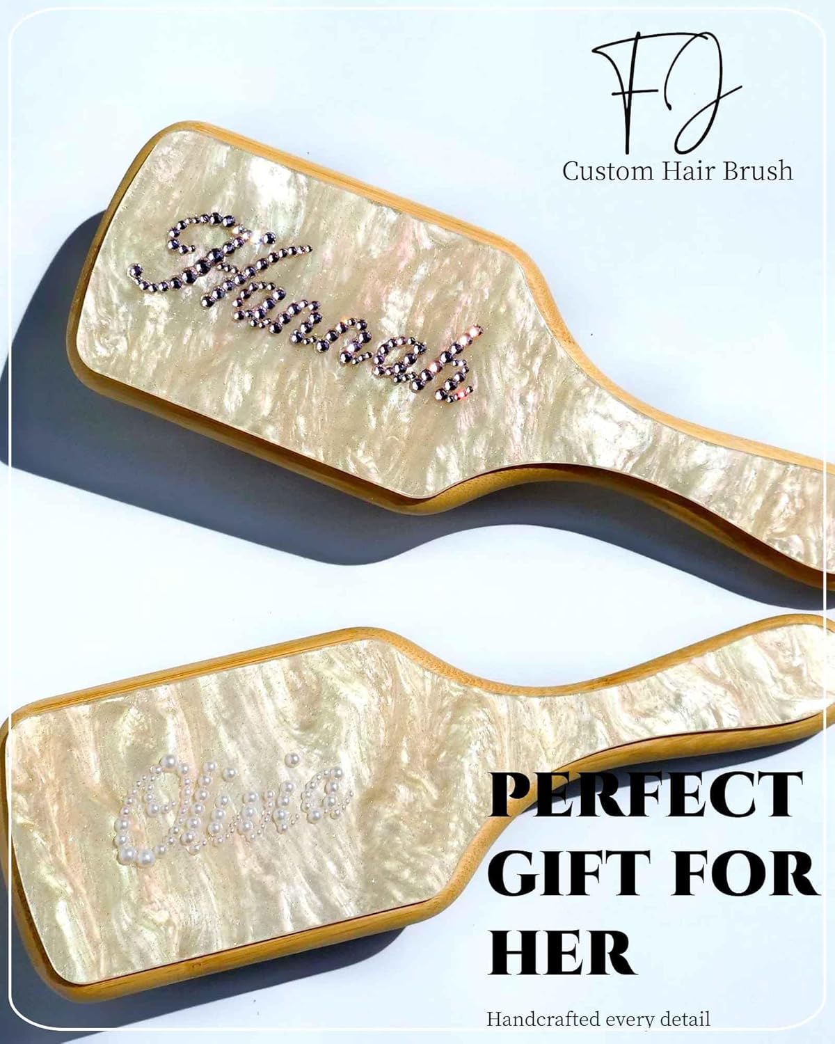 Hair Brushes for Women,Personalized Hair Brush with Colorful Name,Customized Natural Wooden Bamboo Brush,Handmade Rhinestones Hairbrush for Massaging Scalp(Pearl White-Square) - Image 2