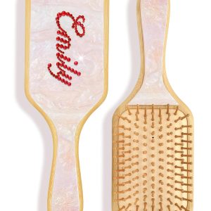 Hair Brushes for Women,Personalized Hair Brush with Colorful Name,Customized Natural Wooden Bamboo Brush,Handmade Rhinestones Hairbrush for Massaging Scalp(Pearl White-Square)