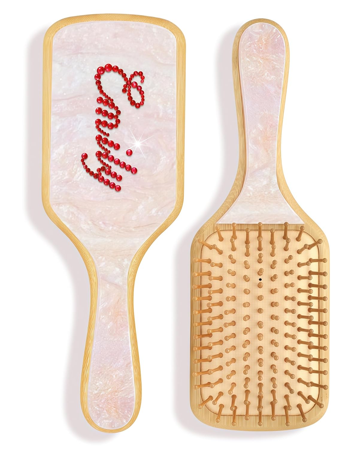 Hair Brushes for Women,Personalized Hair Brush with Colorful Name,Customized Natural Wooden Bamboo Brush,Handmade Rhinestones Hairbrush for Massaging Scalp(Pearl White-Square)