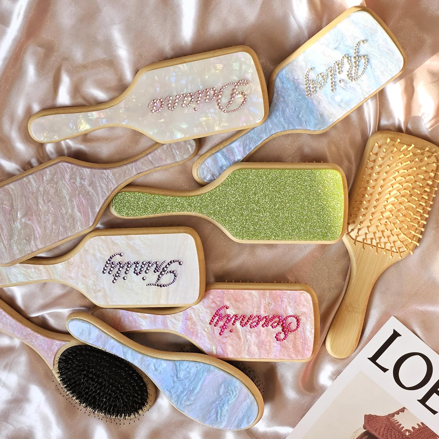 Hair Brushes for Women,Personalized Hair Brush with Colorful Name,Customized Natural Wooden Bamboo Brush,Handmade Rhinestones Hairbrush for Massaging Scalp(Pearl White-Square) - Image 8