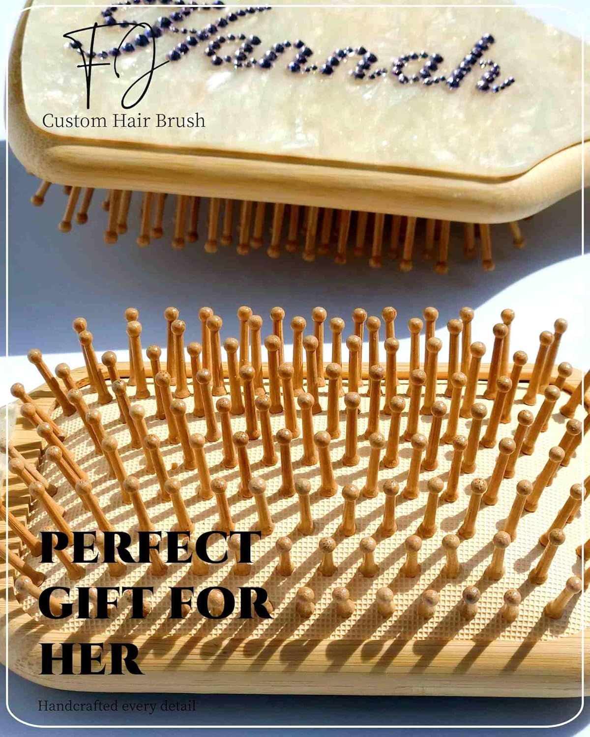 Hair Brushes for Women,Personalized Hair Brush with Colorful Name,Customized Natural Wooden Bamboo Brush,Handmade Rhinestones Hairbrush for Massaging Scalp(Pearl White-Square) - Image 7