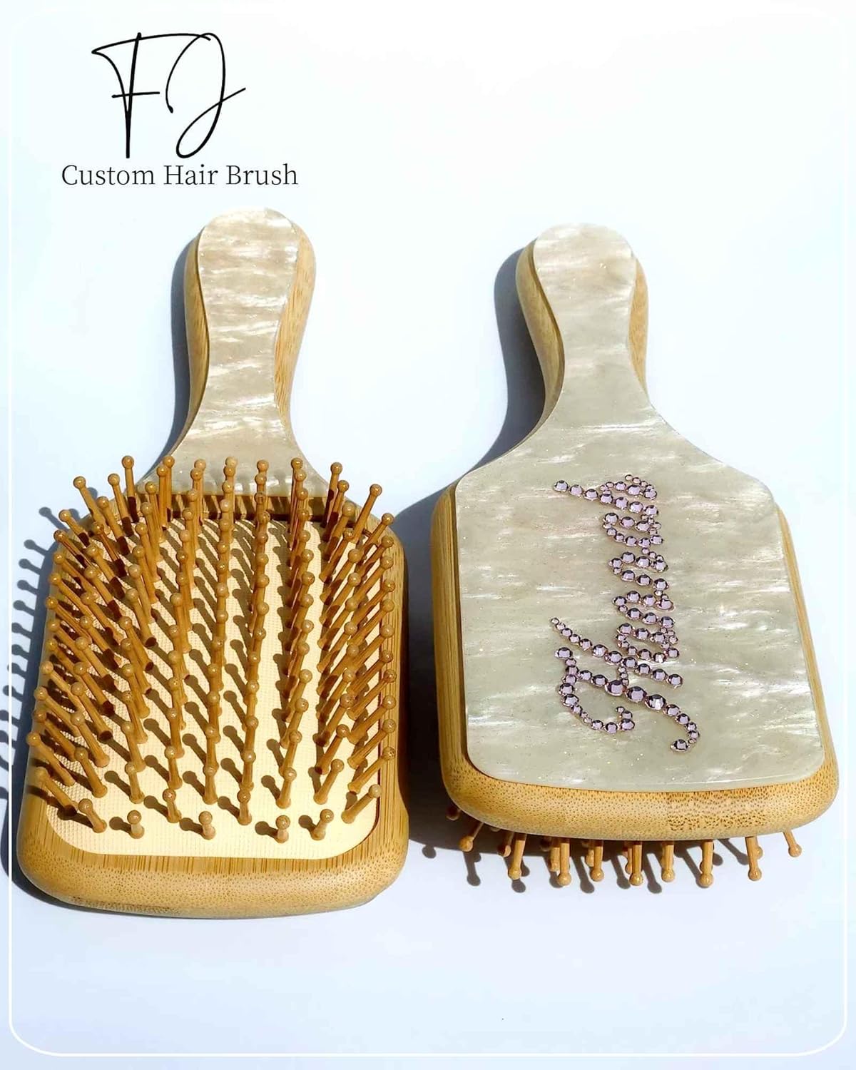 Hair Brushes for Women,Personalized Hair Brush with Colorful Name,Customized Natural Wooden Bamboo Brush,Handmade Rhinestones Hairbrush for Massaging Scalp(Pearl White-Square) - Image 6