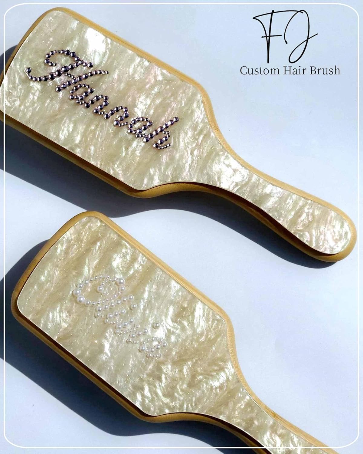 Hair Brushes for Women,Personalized Hair Brush with Colorful Name,Customized Natural Wooden Bamboo Brush,Handmade Rhinestones Hairbrush for Massaging Scalp(Pearl White-Square) - Image 4