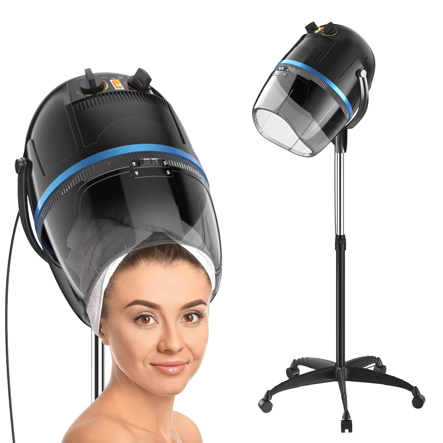Hair Dryer 1300W Professional Adjustable Hooded Floor Hair Bonnet Dryer Stand Up Hair Dryers with Rolling Base for Home Salon Spa Beauty Equipment, Black