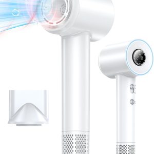 Hair Dryer, 1400W Negative Ionic Hair Dryer, Professional High Speed Hairdryer for Fast Drying, 3 Speeds and 5 Temps with HD Display, Low Noise Blow Dryer for Home Salon-White