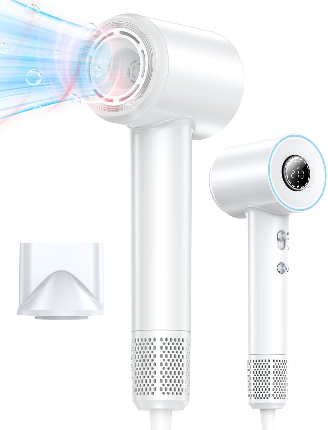 Hair Dryer, 1400W Negative Ionic Hair Dryer, Professional High Speed Hairdryer for Fast Drying, 3 Speeds and 5 Temps with HD Display, Low Noise Blow Dryer for Home Salon-White