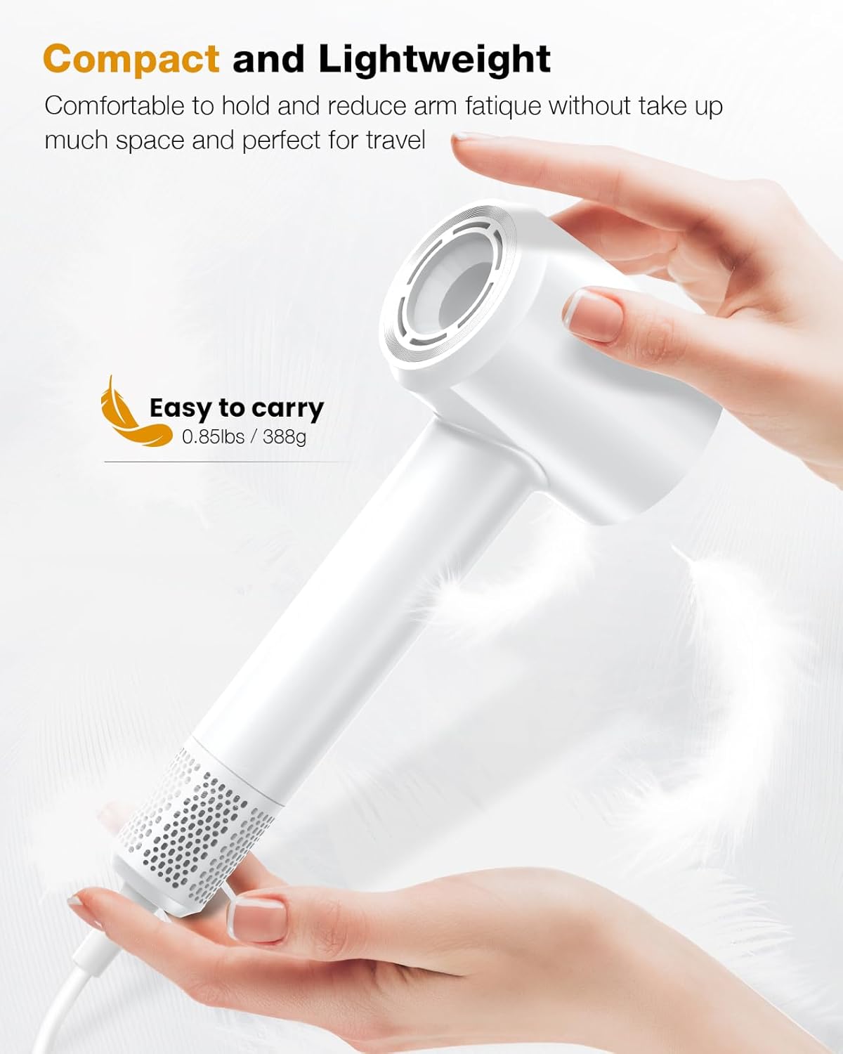 Hair Dryer, 1400W Negative Ionic Hair Dryer, Professional High Speed Hairdryer for Fast Drying, 3 Speeds and 5 Temps with HD Display, Low Noise Blow Dryer for Home Salon-White - Image 6
