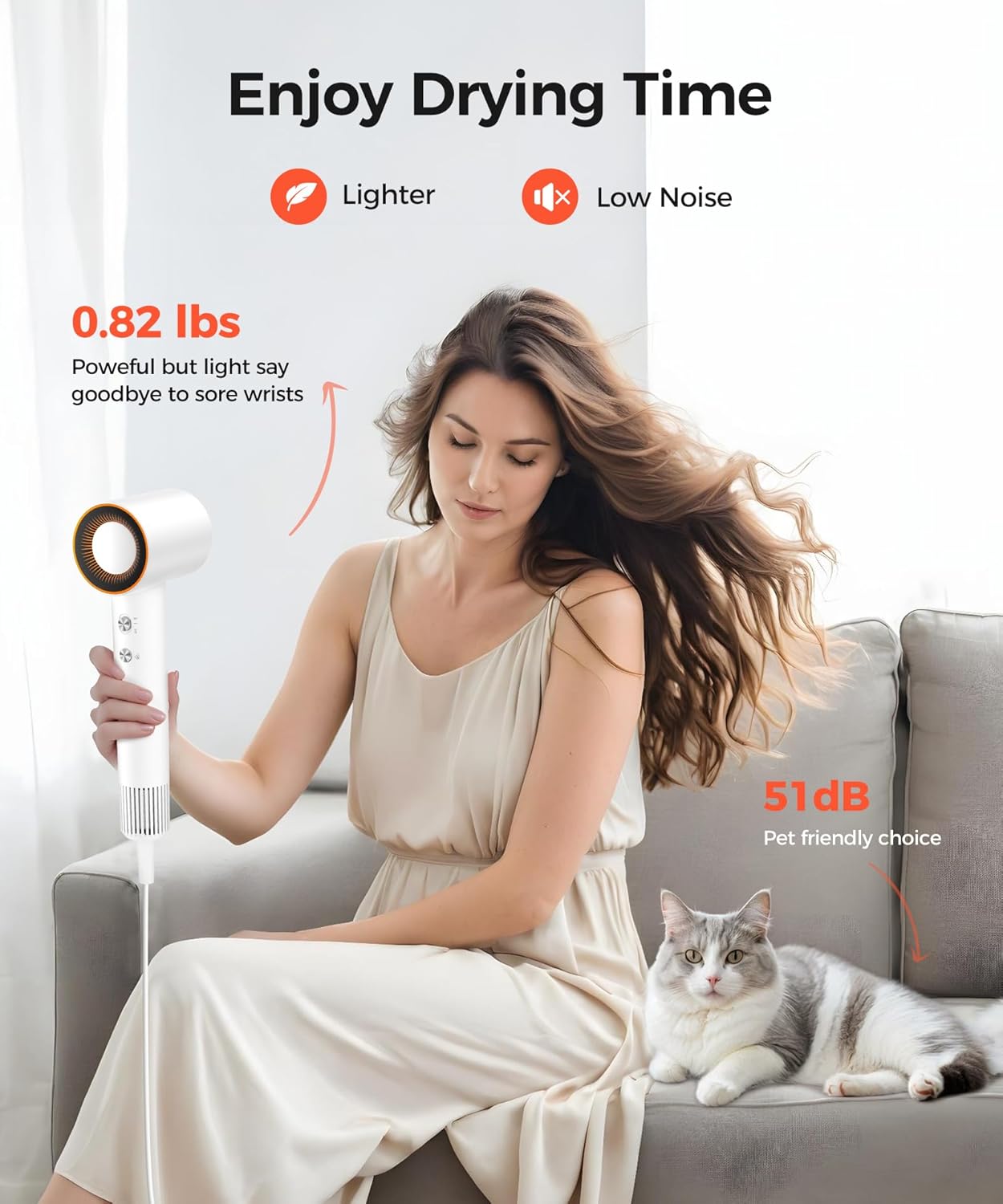 Hair Dryer, 150000 RPM High-Speed Blow Dryer with 500Million Negative Ions for Fast Drying, Lightweight & Thermo-Control, Hair Dryer with Diffuser and Nozzle, Ideal for Salon & Travel, White - Image 7